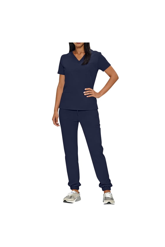 Women's Caregiver Work Uniform Set Solid Color V Neck Short Sleeve Blouse Drawstring Cuffed Pants With Side Pockets Navy M