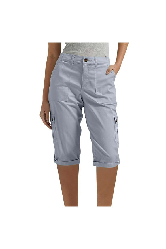 Women's Cargo Capri Pant Casual Loose-Fit Cuffed Hem Capris Pants Summer Cropped Pants, Zipper Fly with Pocket