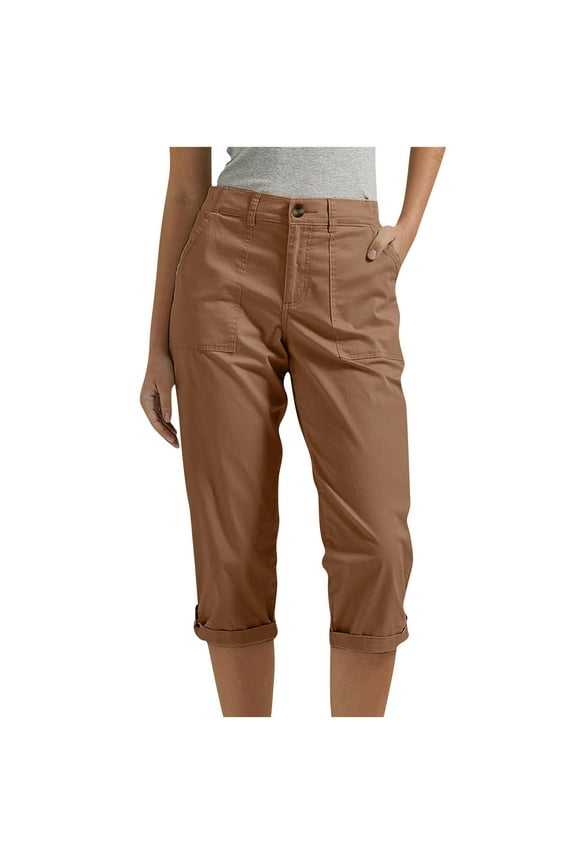 Women's Cargo Capri Pant Casual Loose-Fit Cuffed Hem Capris Pants Summer Cropped Pants, Zipper Fly with Pocket