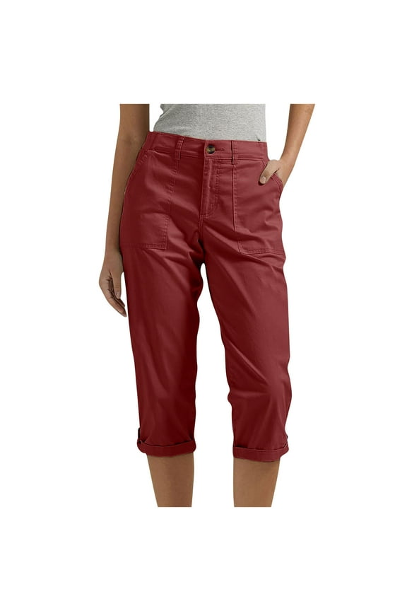 Women's Cargo Capri Pant Cuffed Hem Straight Leg Solid Color High Waist Relaxed Fit Outdoor Hiking Cropped Trousers