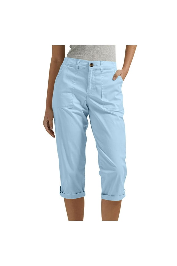 Women's Cargo Capri Pant Cuffed Hem Straight Leg Solid Color High Waist Relaxed Fit Outdoor Hiking Cropped Trousers