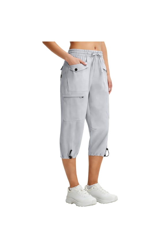 Women's Cargo Capri Pants 6 Pockets Lightweight Quick Dry Water Resistant Hiking Travel Pants for Outdoor Casual Light Gray M