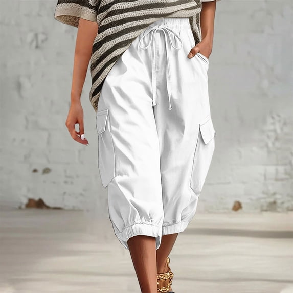 Women's Cargo Capri Pants,Cuffed Wide Leg Hiking Pants with Pockets,Lightweight Quick-Dry Travel Pant,Drawstring Elastic Waist Casual Outdoor Capris for Summer White S