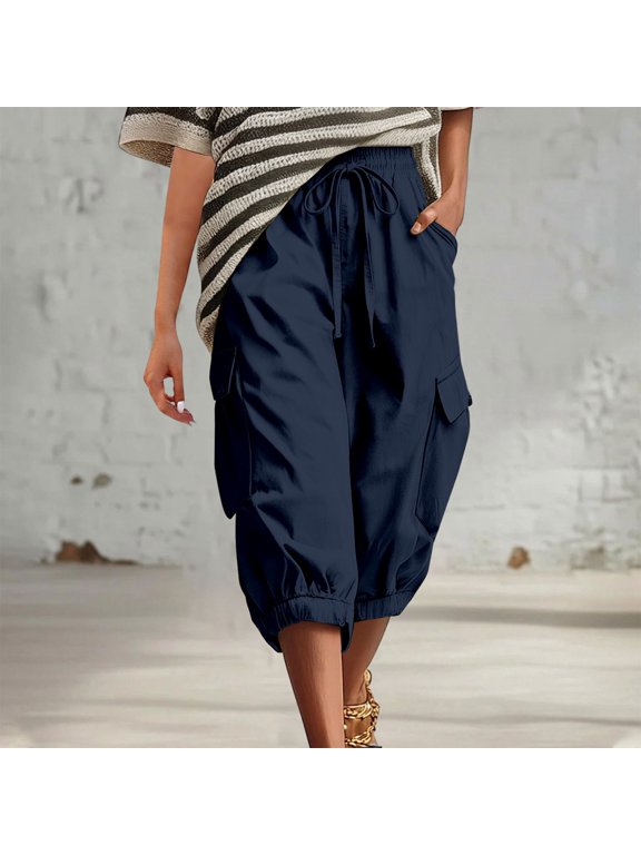 Women's Cargo Capri Pants,Cuffed Wide Leg Hiking Pants with Pockets,Lightweight Quick-Dry Travel Pant,Drawstring Elastic Waist Casual Outdoor Capris for Summer Blue XXL