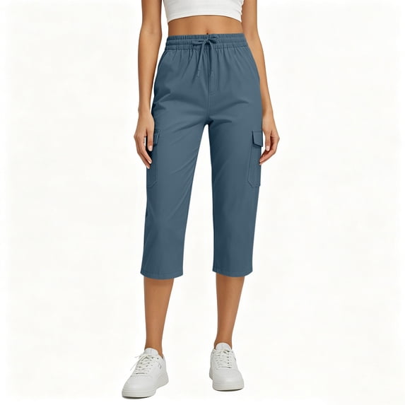 Women’s Cargo Capri Pants Drawstring Elastic Waist Capris Casual Straight Capris Multi Pocket Utility Cropped Pants Soft Lightweight Everyday Wear