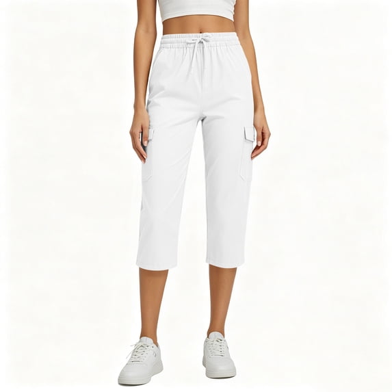 Women’s Cargo Capri Pants Drawstring Elastic Waist Capris Casual Straight Capris Multi Pocket Utility Cropped Pants Soft Lightweight Everyday Wear