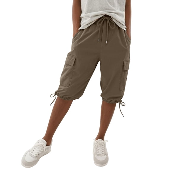 Women's Cargo Capri Pants Drawstring Lightweight Hiking Pants Summer Travel Casual Capris with Mulit Pockets (S, Brown)