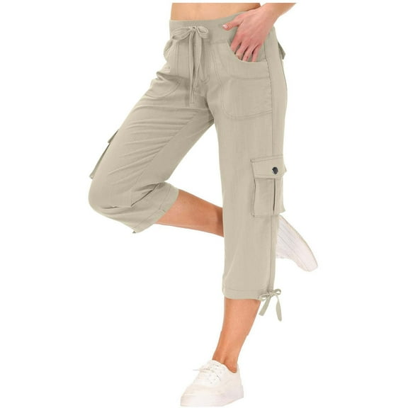 Women's Cargo Capri Pants Lightweight High Waisted Drawstring Cotton Pant Hiking Casual Comfy Trouser with Pockets S-2XL