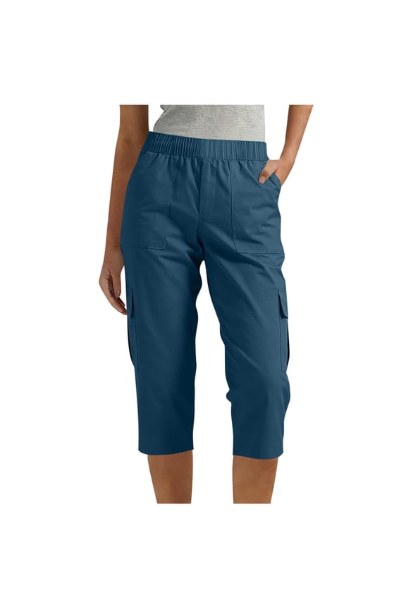 Women's Cargo Capri Pants Multipockets Elastic High Waist Stretch Cotton Twill Straight Fit Golf Casual Capris (2XL, Blue)