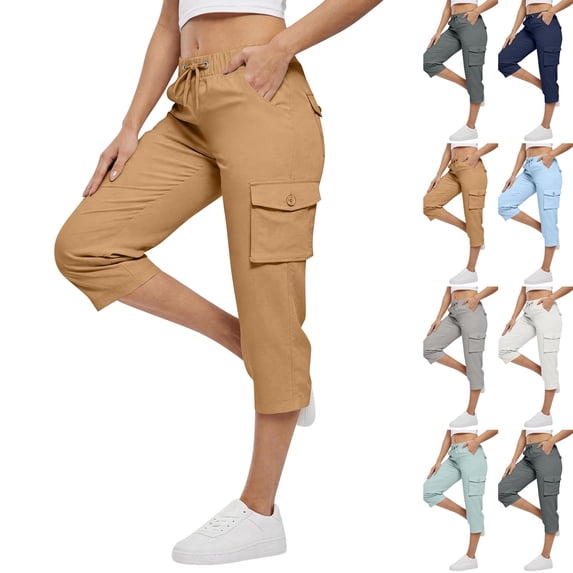 Women's Cargo Capris Cotton Pants with Button Pockets Elastic Waist Lightweight Cute Hiking Casual Pant for Summer (Earthy Yellow,S)