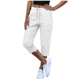 thumbnail image 1 of Women's Cargo Capris - Drawstring Casual Summer Straight Leg ropped Trousers with Pockets, White, XXL, 1 of 6