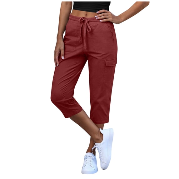 Women's Cargo Capris Drawstring Elastic Waist Pull on Cropped Pants with Pockets Casual Summer Solid Color Capris for Women Travel Vacation, Red, M