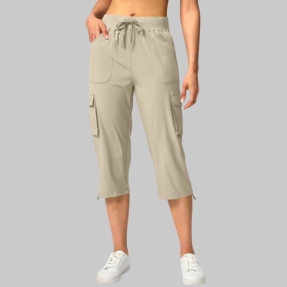 Women's Cargo Capris, Elastic Waist Solid Color Casual Cropped Pants with Pockets, Loose Fit Summer Long Shorts Workwear