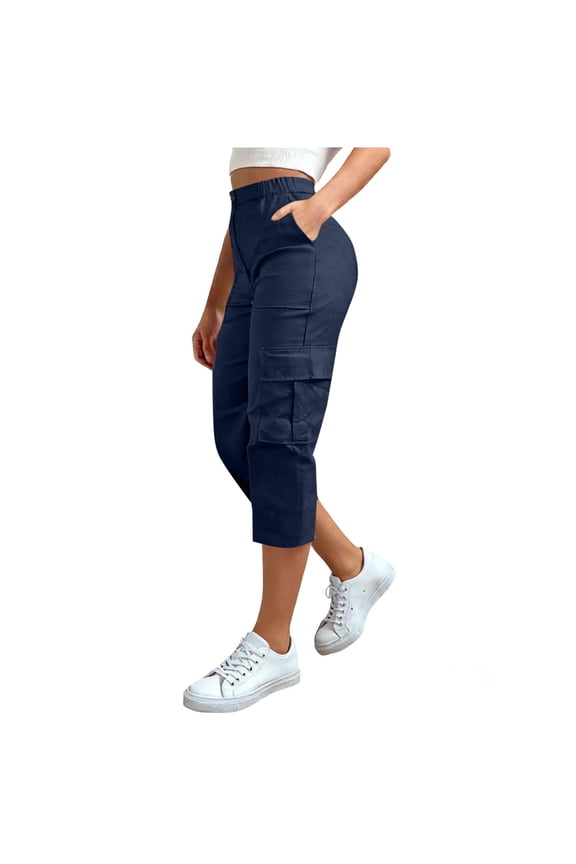 Women's Cargo Capris Hiking Pants Lightweight Quick Dry Solid Color With Elastic Waist Casual Clothes Pockets Full Length Capris Pants