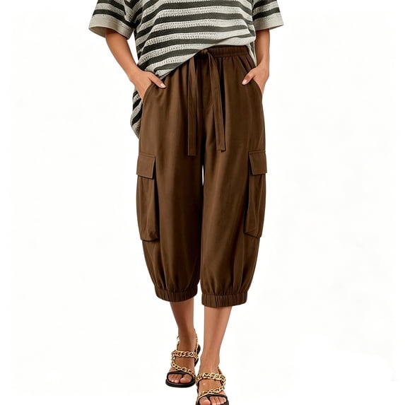 Women's Cargo Capris Loose Fit with Pockets Casual Cropped Pants for Summer Daily Wear,Brown_M