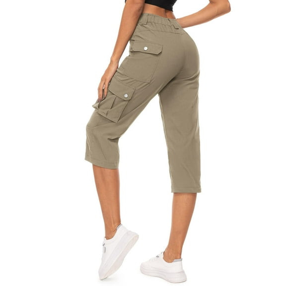 Women's Cargo Capris Pants High Waist Waterproof Hiking Casual Travel Summer Pants for Women with 6 Pockets