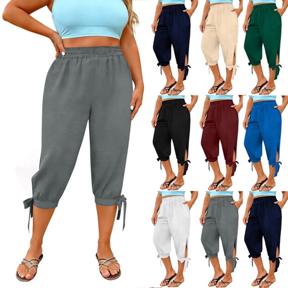 Women's Cargo Capris Pants Women Fashion Oversize Casual High Waist Linen Loose Pocket Straight Solid Long Pants Gray XXL