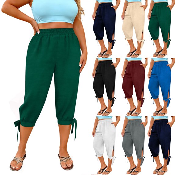 Women's Cargo Capris Pants Women Fashion Oversize Casual High Waist Linen Loose Pocket Straight Solid Long Pants Green L