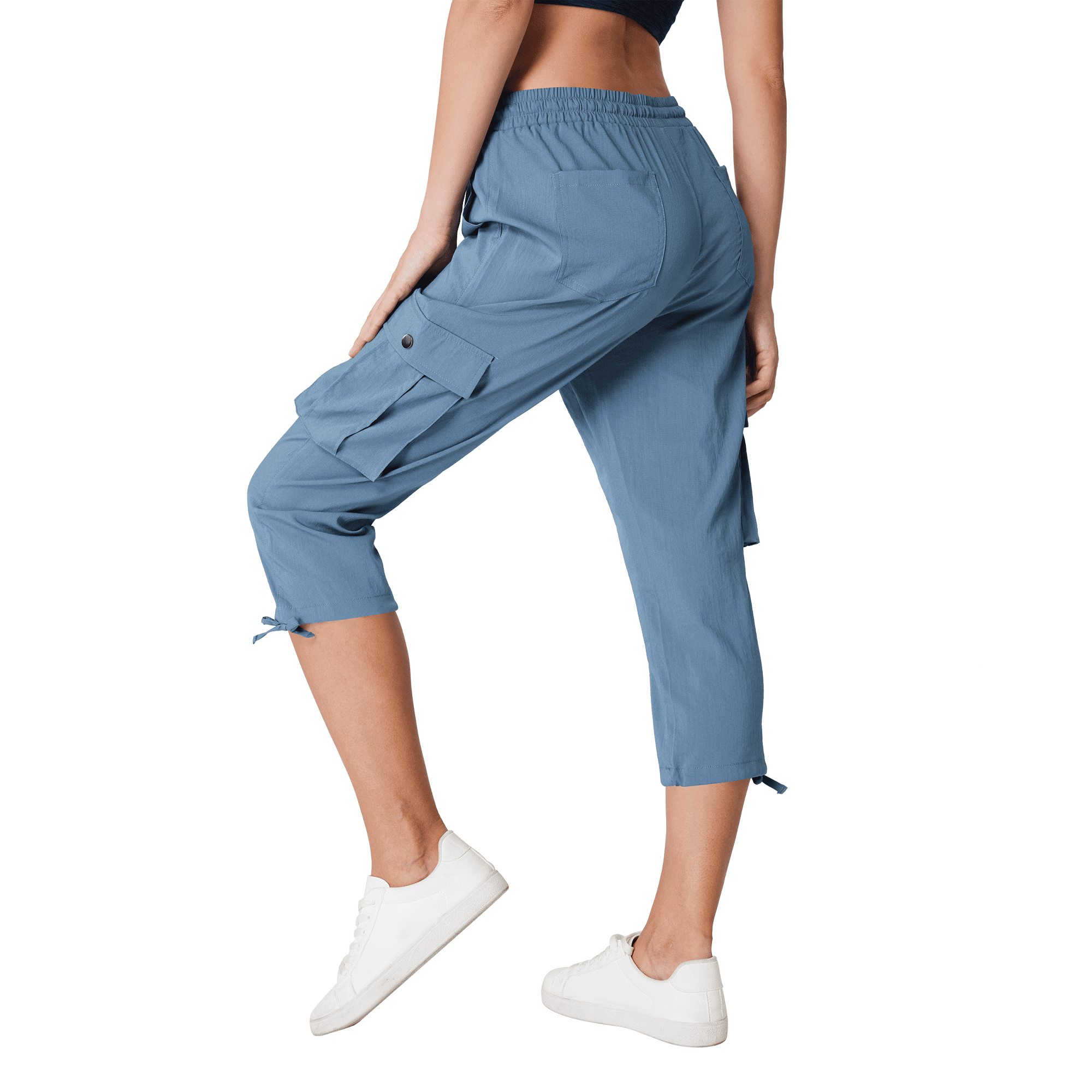 Women's Cargo Capris with Pockets, Loose Fit, Lightweight Casual Capri Pants for Hiking Denim Blue L