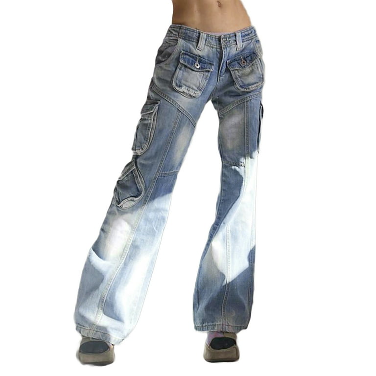 Women's Cargo Denim Pants Multiple Pockets Low Waist Straight Leg
