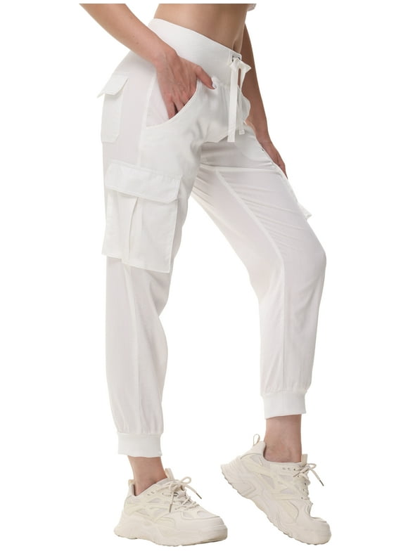Women's Cargo Hiking Pants Lightweight Quick Dry Fit Comfy Athletic Casual Outdoor Trip Pockets Elastic Waistband White L