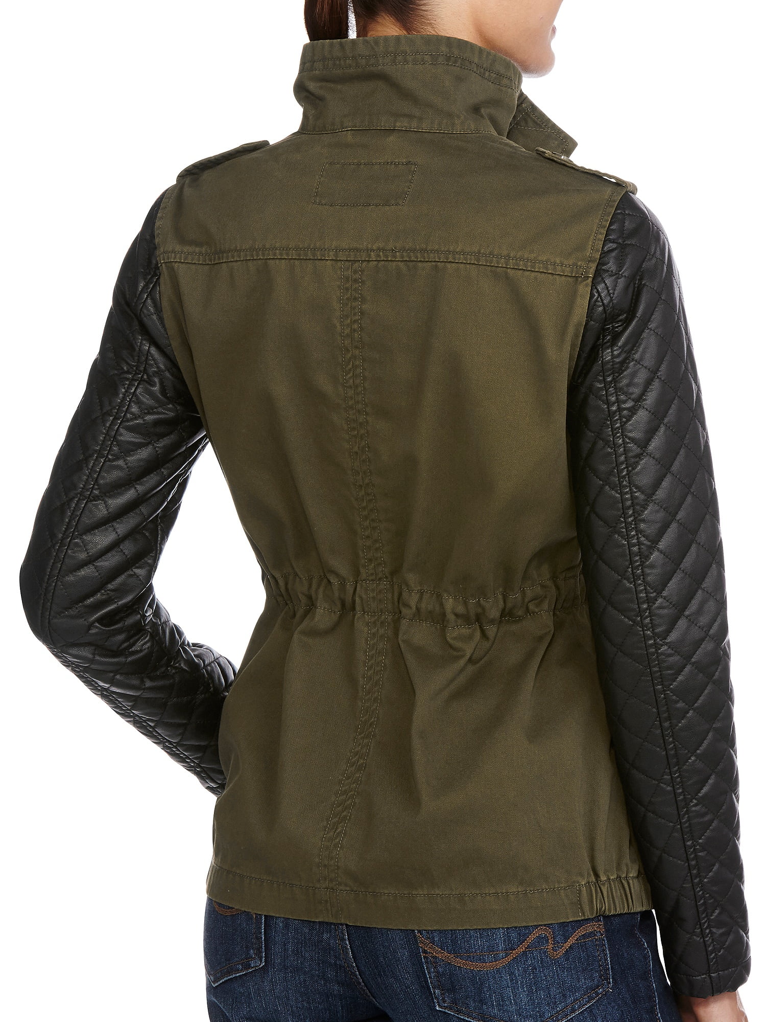 Women's Cargo Jacket With Quilted Faux Leather Sleeves
