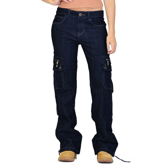 Women's Cargo Jeans, Straight Leg Utility Denim Pants with Zipper Pockets, Casual Workwear Style Jeans for Daily Wear and Outfits-Blue