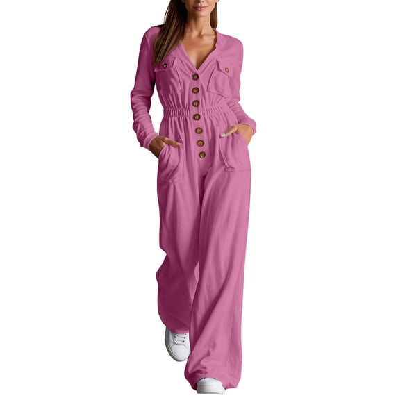 Women's Cargo Jumpsuit Long Sleeve V Neck Button Down Utility Overalls Elastic High Waist Wide Leg Rompers Multi Pockets Casual Workwear Pink