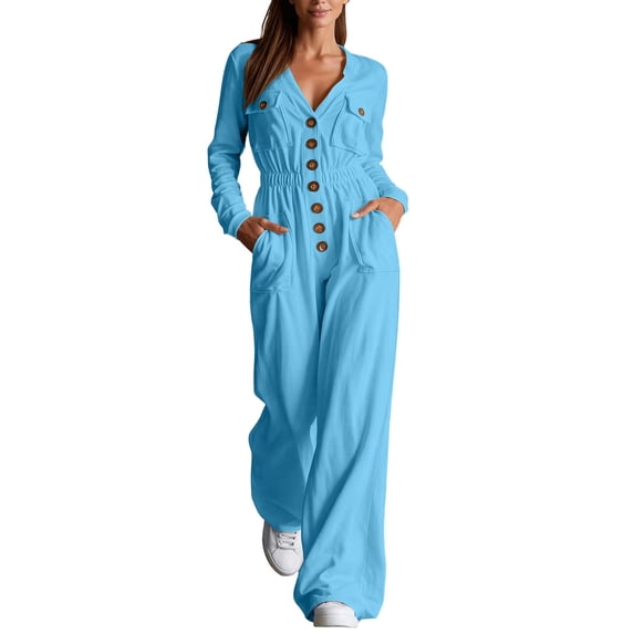 Women's Cargo Jumpsuit Long Sleeve V Neck Button Down Utility Overalls Elastic High Waist Wide Leg Rompers Multi Pockets Casual Workwear Sky Blue