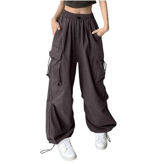 Women's Cargo Long Pants Spring Fall High Waist Solid Color Trousers Straight Wide Leg Loose Joggings Pants Stretch Denim Retro Versatile Trousers with Pockets