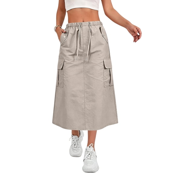 Women's Cargo Maxi Skirt Quick-Dry Drawstring Elastic Waist Casual A Line Long Skirt Summer Fashion Trendy Skirts,Khaki,S
