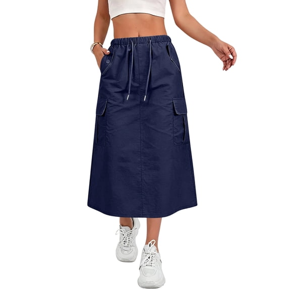 Women's Cargo Maxi Skirt Quick-Dry Drawstring Elastic Waist Casual A Line Long Skirt Summer Fashion Trendy Skirts 36 Navy 2XL