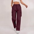 thumbnail image 1 of Women's Cargo Pants Baggy Jeans High Waisted Casual Stretchy Wide Leg Streetwear with 4 Pockets for Women Wine M, 1 of 7