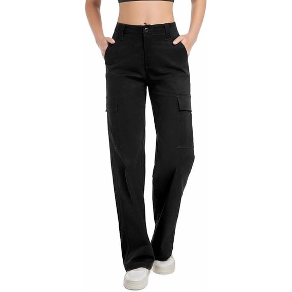 Women's Cargo Pants Baggy Relaxed Fit Cotton Hiking Work Pants with 6 Pockets Black