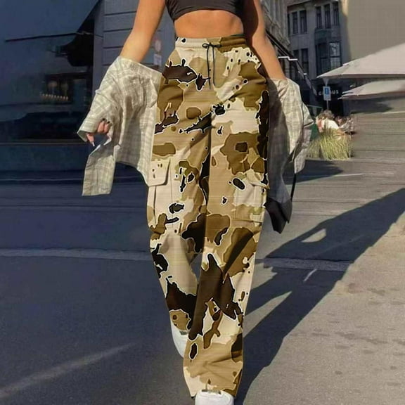 Women's Cargo Pants Camouflage Drawstring Elastic High Waist Trousers Casual Baggy Streetwear Y2k Pants With Pockets (M, Brown)