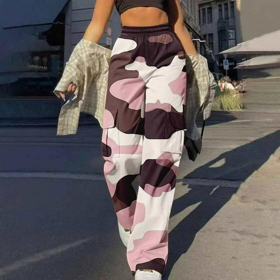 Women's Cargo Pants Camouflage Drawstring Elastic High Waist Trousers Casual Baggy Streetwear Y2k Pants With Pockets (XL, Pink)