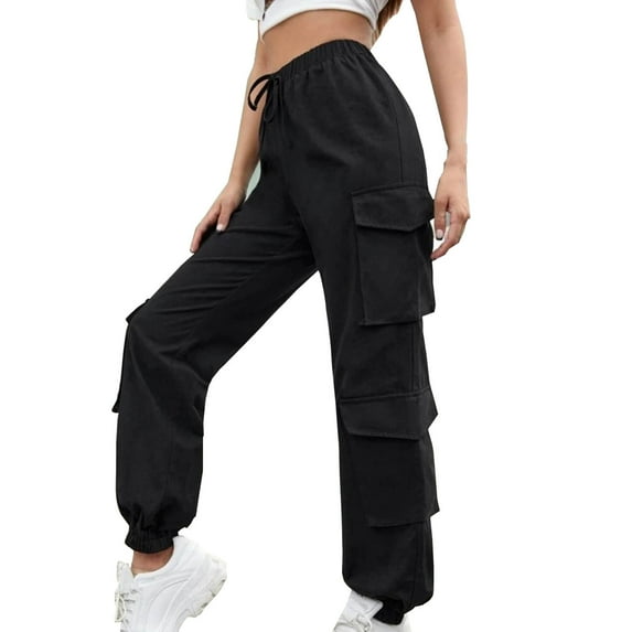 Women's Cargo Pants Drawstring Elastic High Waisted Sweatpants Multi Pockets Wide Leg Parachute Pants Casual Streetwear Trousers Black,XL