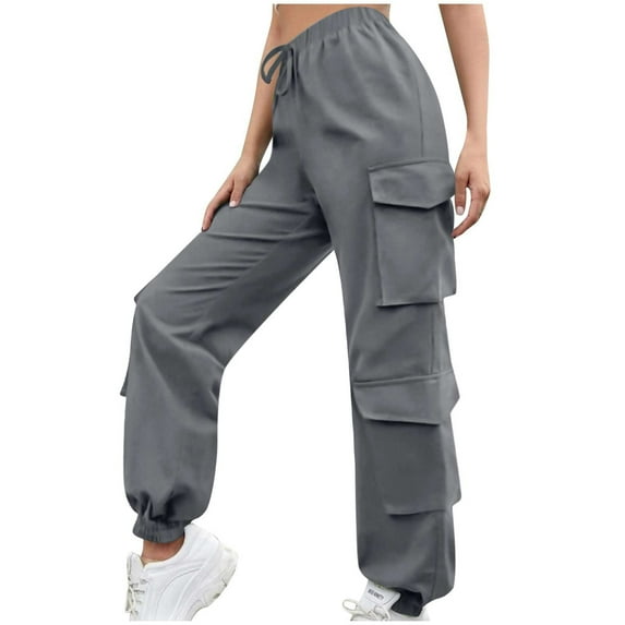 Women's Cargo Pants Drawstring Elastic High Waisted Sweatpants Multi Pockets Wide Leg Parachute Pants Casual Streetwear Trousers Gray,S