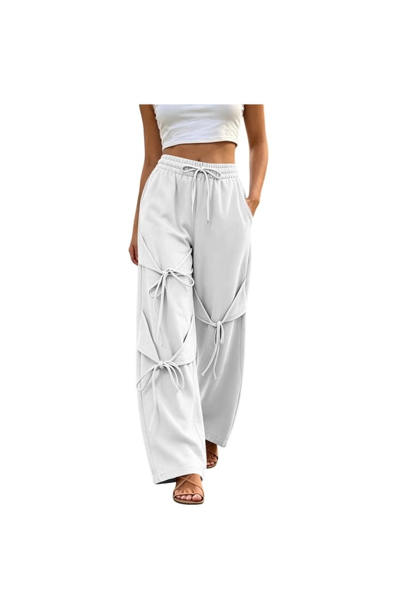 Women's Cargo Pants Drawstring Elastic Waist Ruched Parachute Pant Loose Casual Fashion Sweatpants With Pockets (2XL, White)