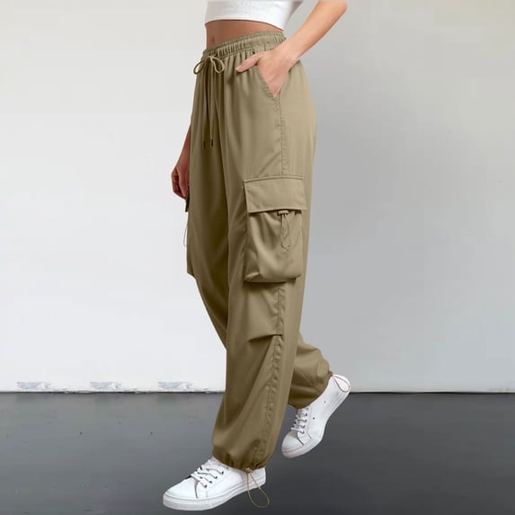 Women's Cargo Pants, Elastic Waist Drawstring Joggers, Loose Fit Baggy Work Pants with Pockets, Casual Streetwear Trousers for Women-Khaki