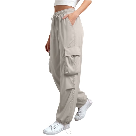 Women's Cargo Pants, Elastic Waist Drawstring Joggers, Loose Fit Baggy Work Pants with Pockets, Casual Streetwear Trousers for Women-Light Yellow