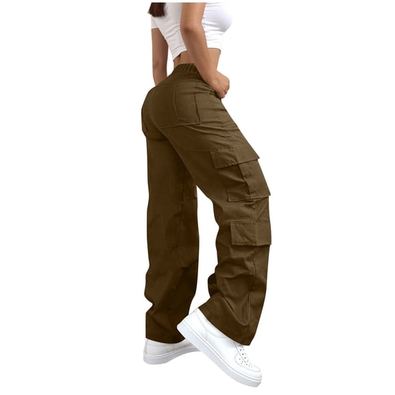 QSAWXQZ Women's Cargo Pants Elastic Waist Wide Leg Coffee M