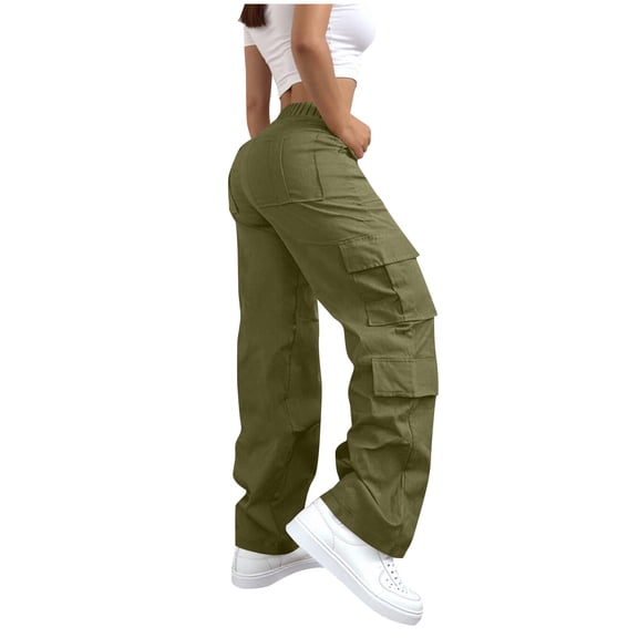 Women's Cargo Pants Elastic Waist Zippered Buttoned Cuff Solid Pants with Pockets for Hiking Olive Green L