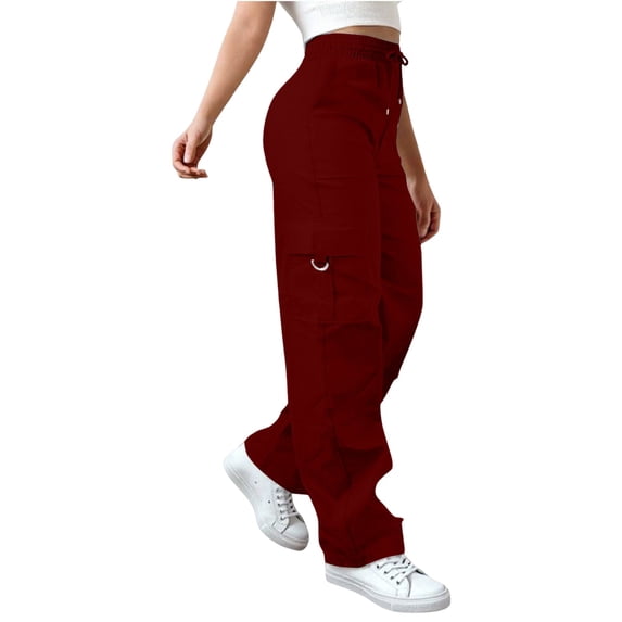 Women's Cargo Pants, High Waist Drawstring Casual Trousers, Utility Pocket Straight Leg Pants for Hiking, Outdoor, Streetwear, and Daily Wear-Wine