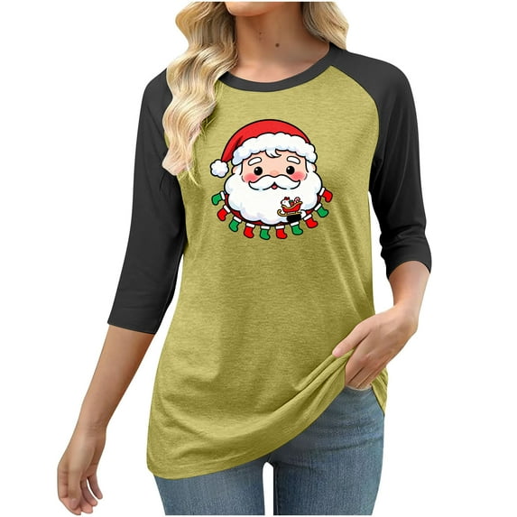 Generic Womens Christmas Shirts Plus Size 3/4 Sleeve Crew Neck Funny Hoilday T-Shirts Cute Santa Claus Graphic Tee Tops