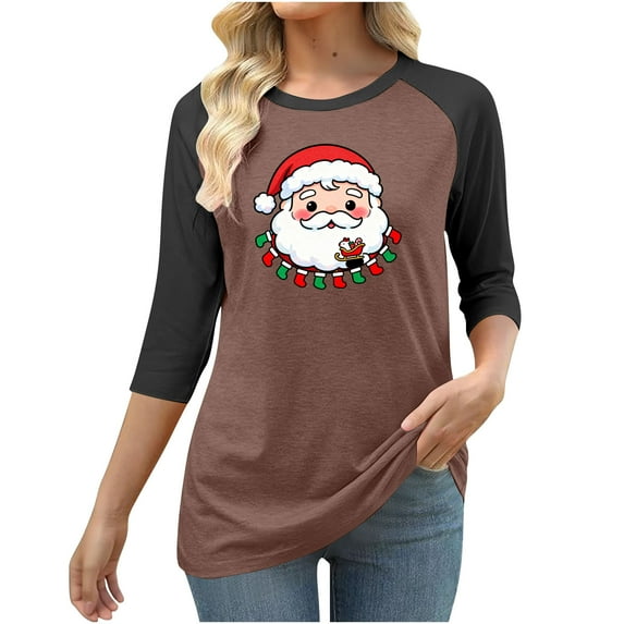 Generic Womens Christmas Shirts Plus Size 3/4 Sleeve Crew Neck Funny Hoilday T-Shirts Cute Santa Claus Graphic Tee Tops