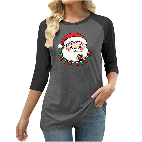 Generic Womens Christmas Shirts Plus Size 3/4 Sleeve Crew Neck Funny Hoilday T-Shirts Cute Santa Claus Graphic Tee Tops