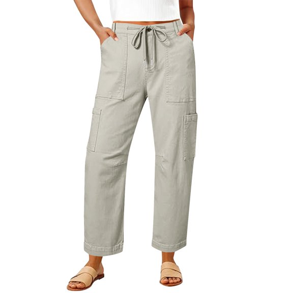 Women's Cargo Pants High Waisted Casual Straight Leg Pant Elastic Waist Lounge Twill Work Trousers Pocket Baggy Comfort Streetwear