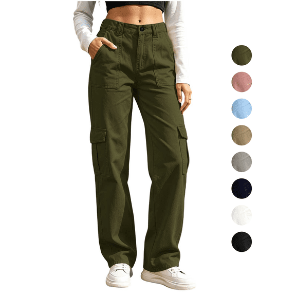 Women's Cargo Pants High Waisted Casual Straight Leg Pant Elastic Waist Lounge Twill Work Trousers Pocket Baggy Comfort Streetwear