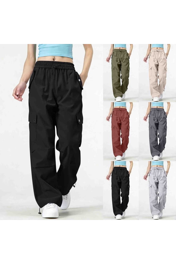 Women's Cargo Pants, High Waisted Pull Rope Trousers with Multiple Pockets, Stretchy Breathable Workout & Casual Daily | TOPLIU,Black L